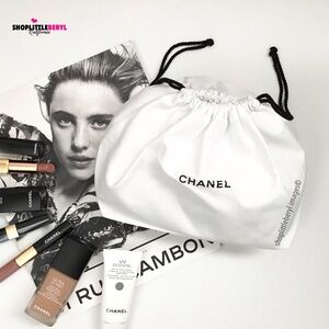 CHANEL White Cotton Drawstring Pouch Bag, Medium